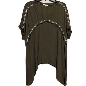 KORI AMERICA V-Neckline Short Sleeve Top, Multi Colors mostly Olive Green,Large